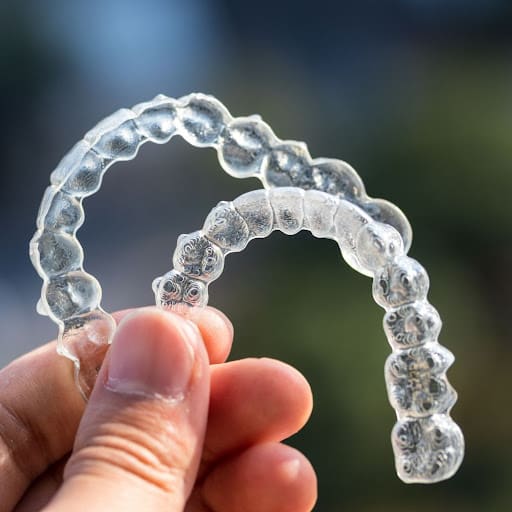 Hand holding Invisalign aligners