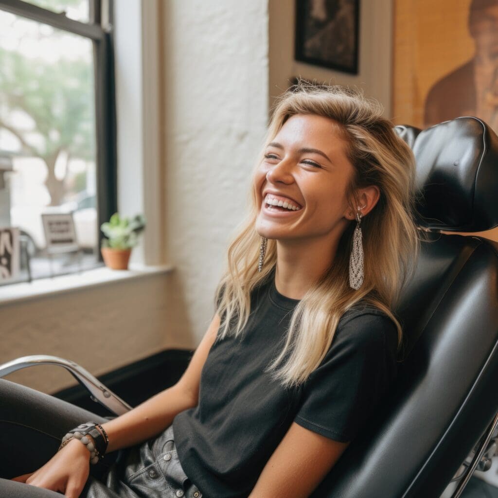 Blonde woman laughing in dental chair after cosmetic dentistry in Danvers