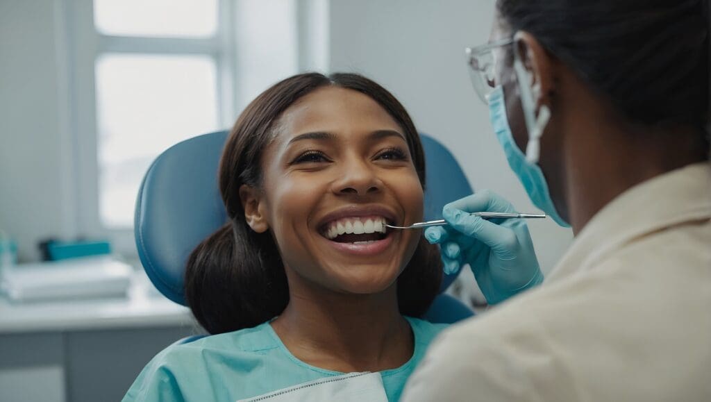 Woman with straight teeth smiling right before a dental cleaning