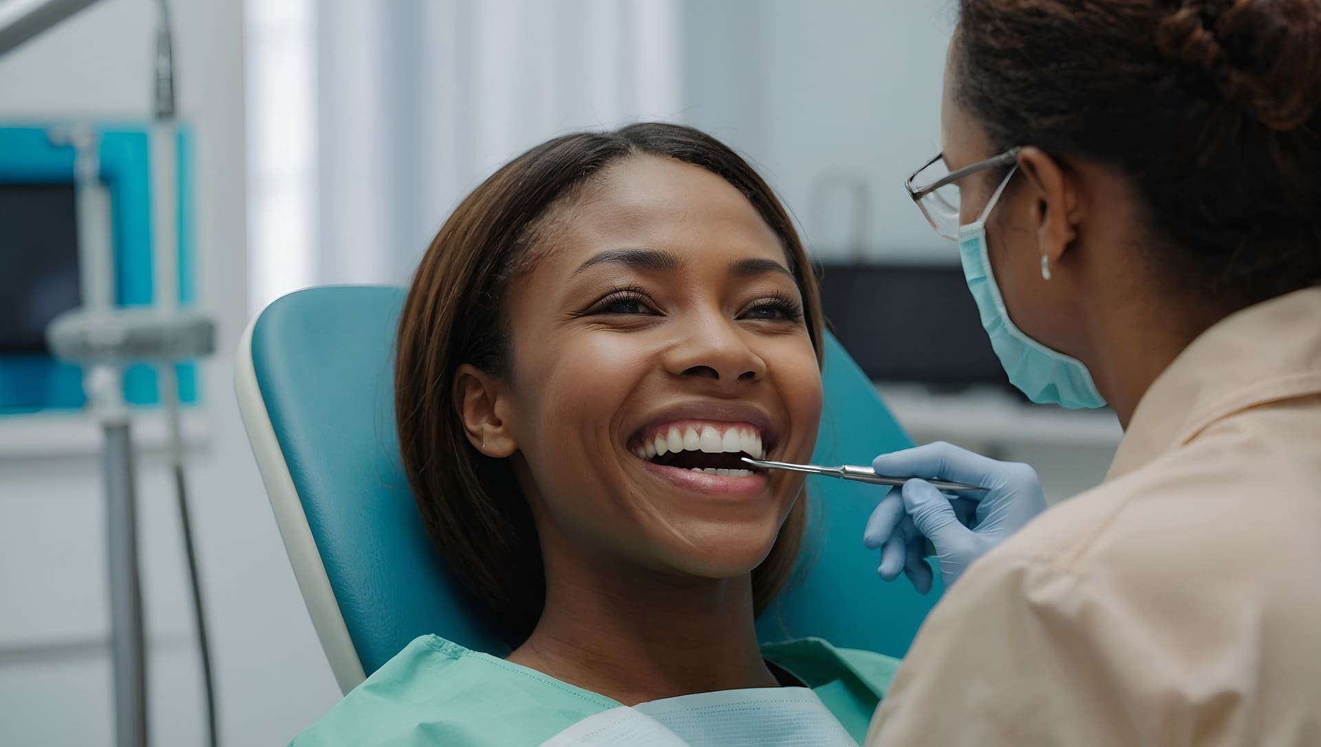 Woman with straight teeth smiling right before a dental cleaning